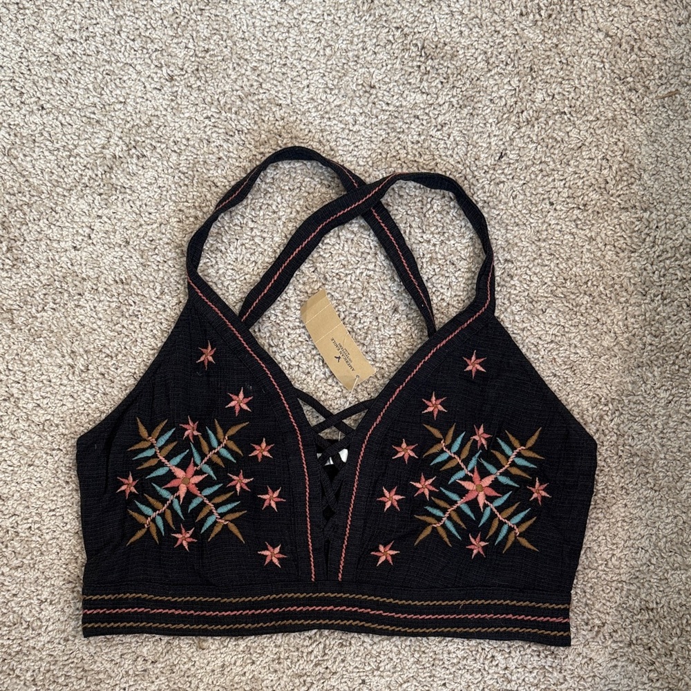 American Eagle Outfitters Black Embroidered Halter Top